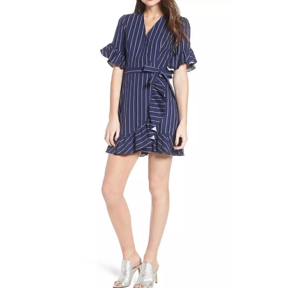 Express Navy Striped Ruffle Sleeve Wrap Dress M